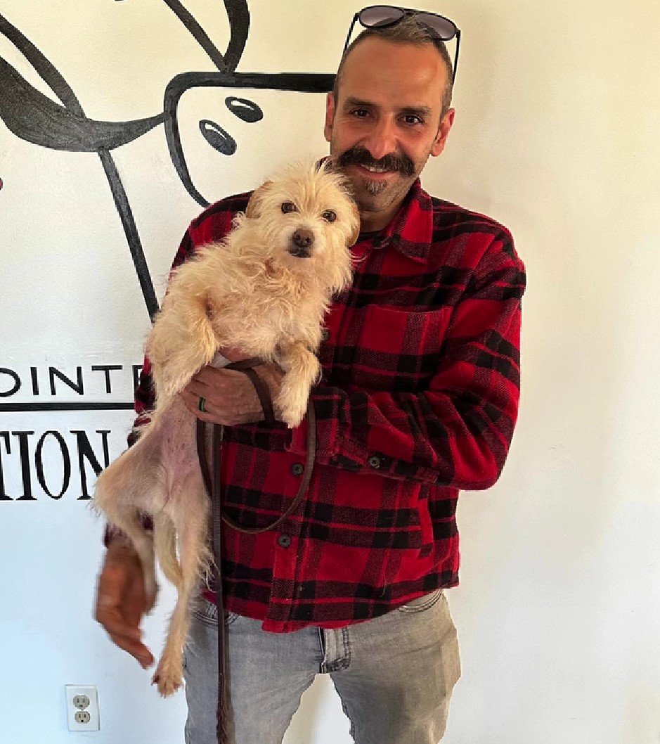 guy with sunglasses holding white dog