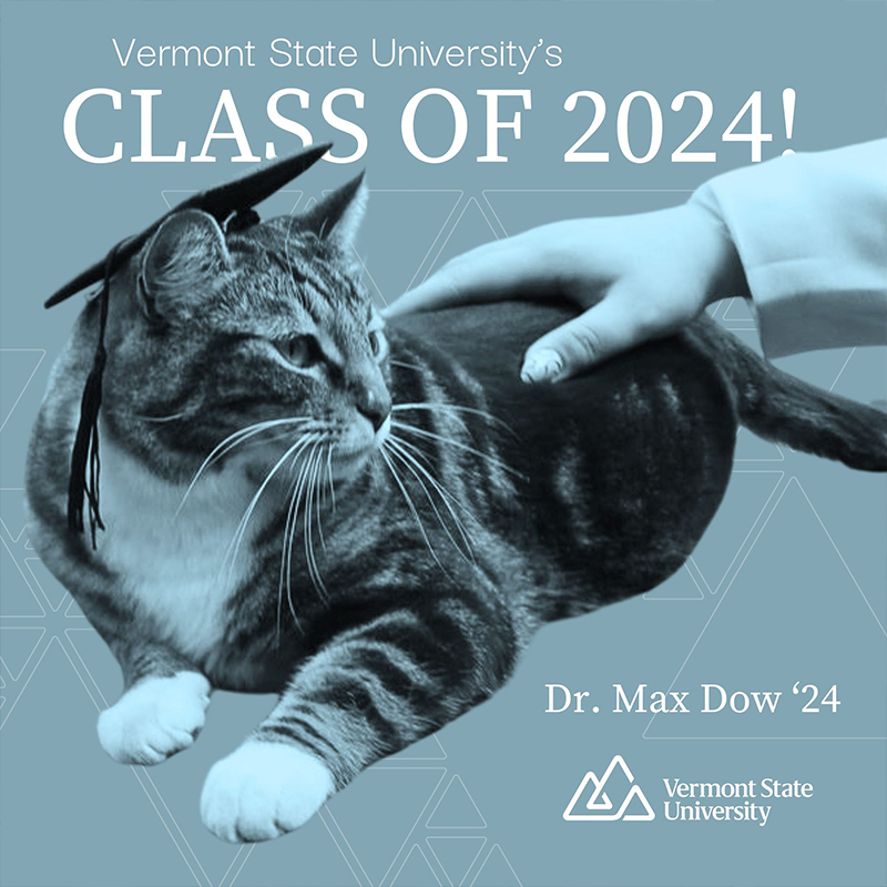 Vermont State University's Castleton campus, Dr. Max Dow, campus cat, Doctorate in Litter-ature, Ashley Dow, Kaitlyn Tanner, Fair Haven, Vermont, feral cat earns honorary doctorate, tabby, 3