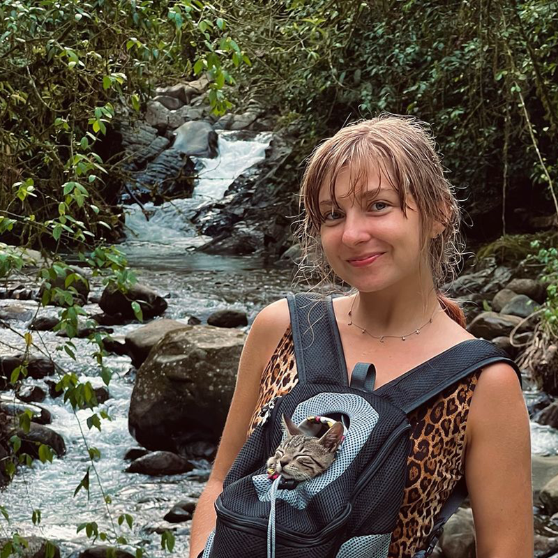 Tropical Russian, Katya, Costa Rica, Sirena the tabby kitten, Pacuare River, RV life, adventure cat, adventures living in a shipping container, Van life, tiny homes, moto bike, environmental science, backpacking with a kitten