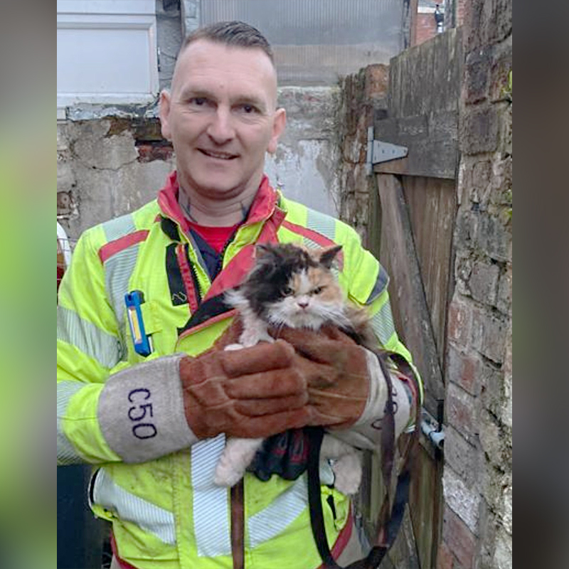 Lancashire Fire and Rescue Service, UK, Crew Manager Andy Friar, CM Friar, cat rescued between two walls looked grumpy about it, 6