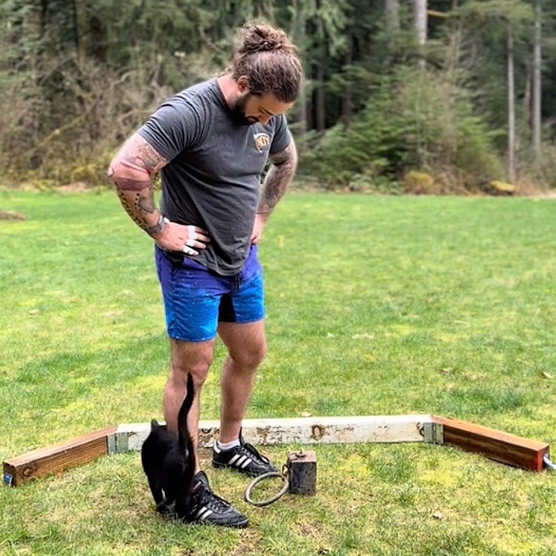 Highland Games athlete, Nathan L. Western Washington, Punkin the black cat, Riley the Yellow Labrador Retriever, cat interrupts Dad's workouts and training, weight toss, hammer toss, Backwoods Highlander, weight toss 1