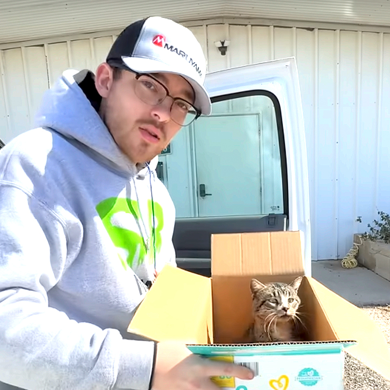 Spencer, Corpus Christi, Texas, Anissa Beal, Edgard and Ivy's Cat Sanctuary, SB Mowing, Esbee the cat, Kansas, Wichita, lawn mower, man mowing lawns for free, cat saved by man mowing lawns from Kansas, Spencer brings Esbee to the rescuers