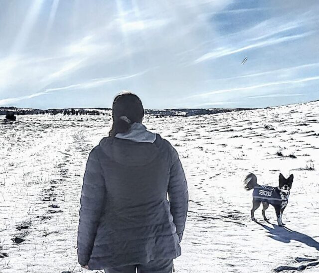 Dog and woman hiking in snow