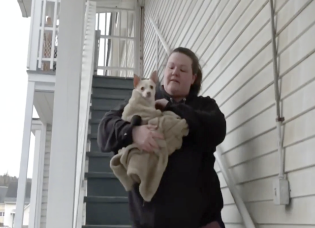 Woman holding injured dog