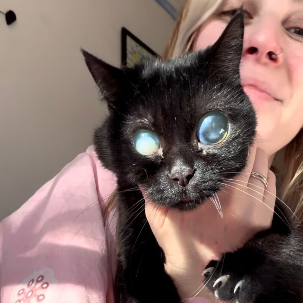 woman holding a blind cat